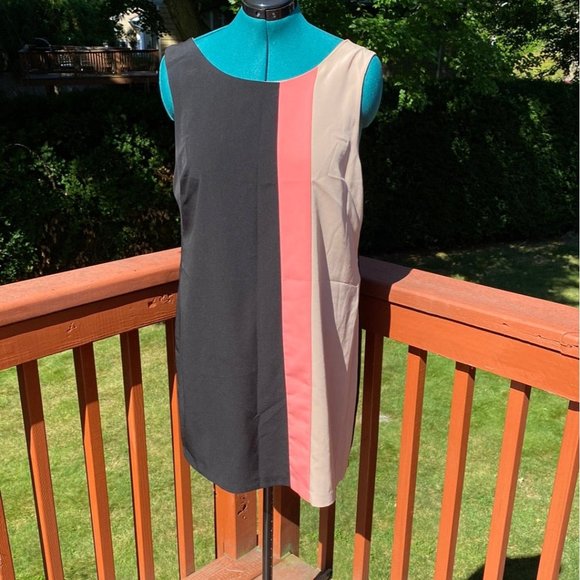 Oleg Cassini SALMON/BLACK COLORBLOCK DRESS SZ 14 - Picture 2 of 5